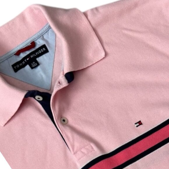 Tommy Hilfiger Waffle Knit Striped Golf Polo Shirt in Light Pink MENS Size LG - Picture 7 of 7